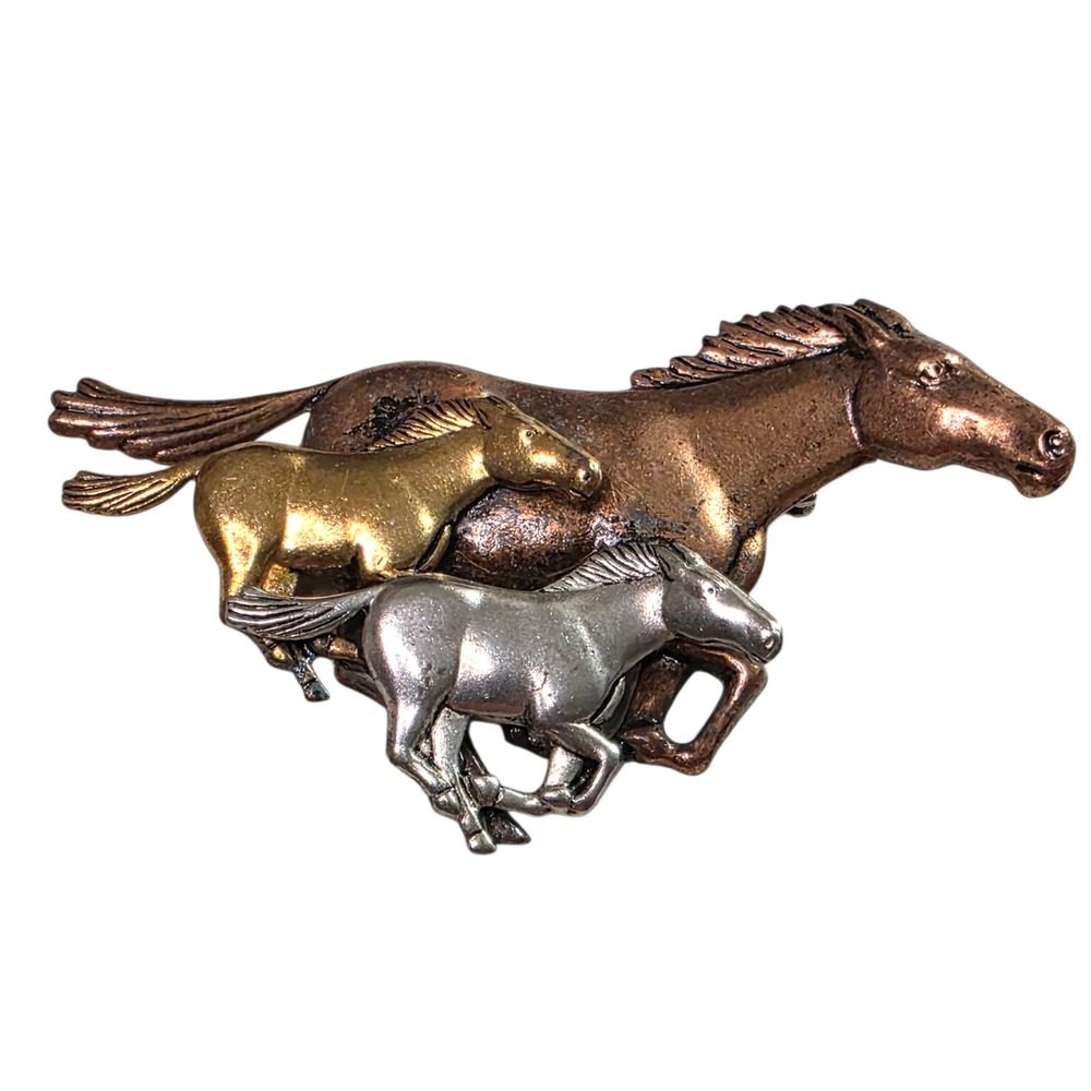 Vintage Tri Metal Running Horses Brooch Pin Equestrian Boho Southwestern - Picture 2 of 6